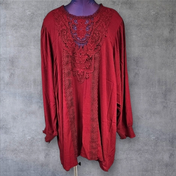 NWT Torrid Crinkle Gauze Crocheted Yoke Blouson Sleeve Top Size 6X Women's Plus‎ - Picture 1 of 11
